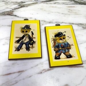 Vintage Sears 70s Scarecrow Wall Art Set Sears Framed Fall Decor Pair